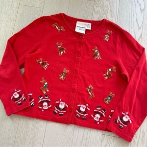 Vintage Michael Simon Light Christmas Santa Claus Embroidered Cardigan Sweater